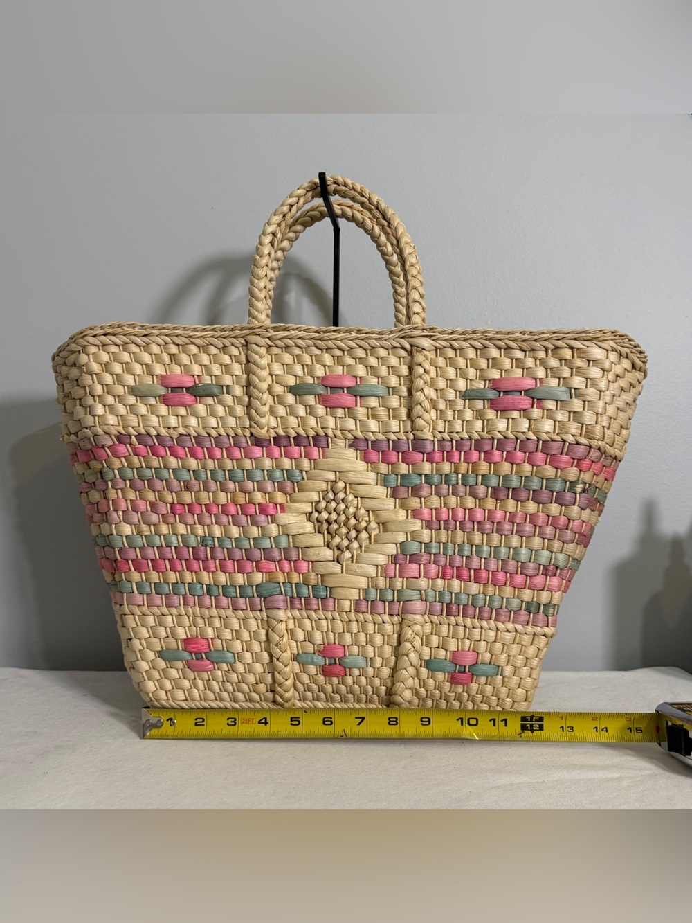 Vintage Straw Tote Market Bag Woven Pastel Pink Blue Purple Diamond Pattern - Picture 15 of 16
